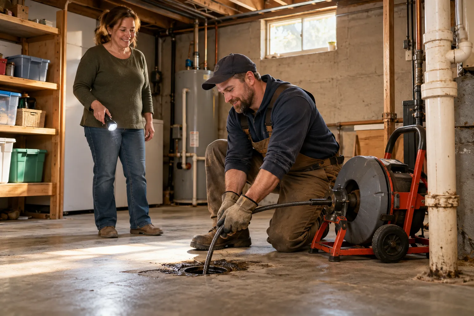 Friendly local provider showing a homeowner a drain cable machine in a basement in Kansas City