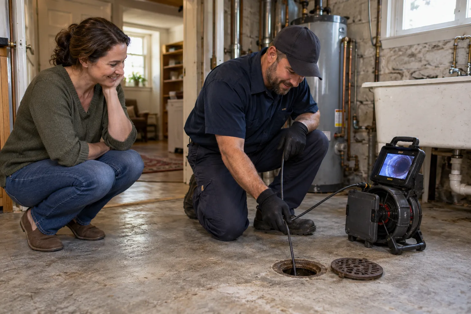 Provider checking an older drain line in a home in the Kansas City area
