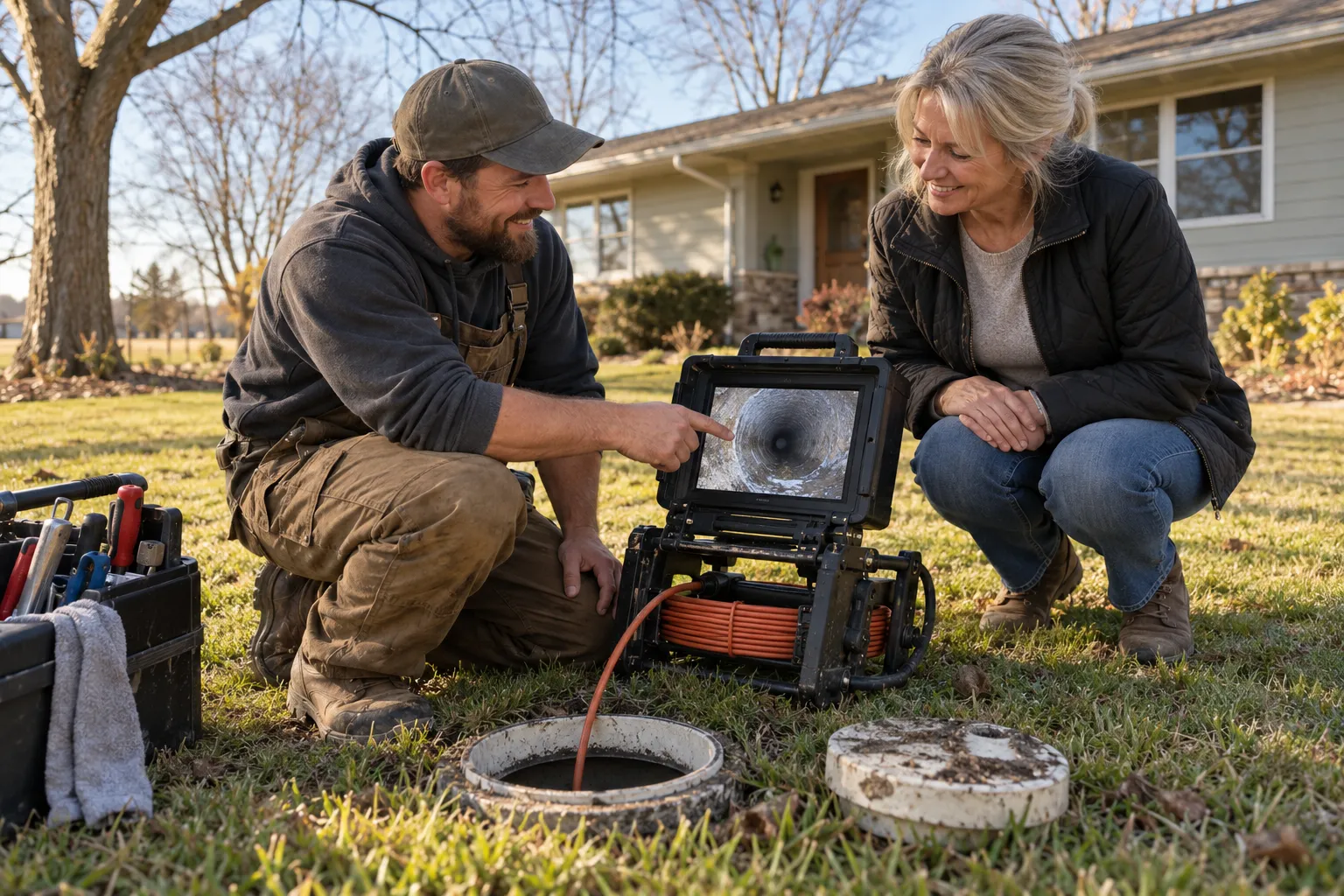 Friendly local plumber showing a homeowner a sewer camera screen in a yard near Kansas City
